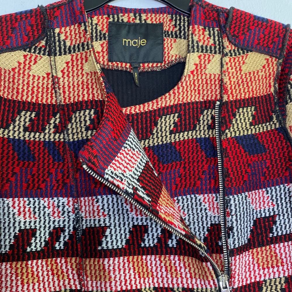 Maje Aztec Moto Jacquard Jacket Asymmetric Zip Front Sz 38 Medium Quiet Luxury - Picture 9 of 12